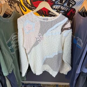 Vintage Spice of Life Pastel Knit Sweater Embellished Applique Star Floral Large